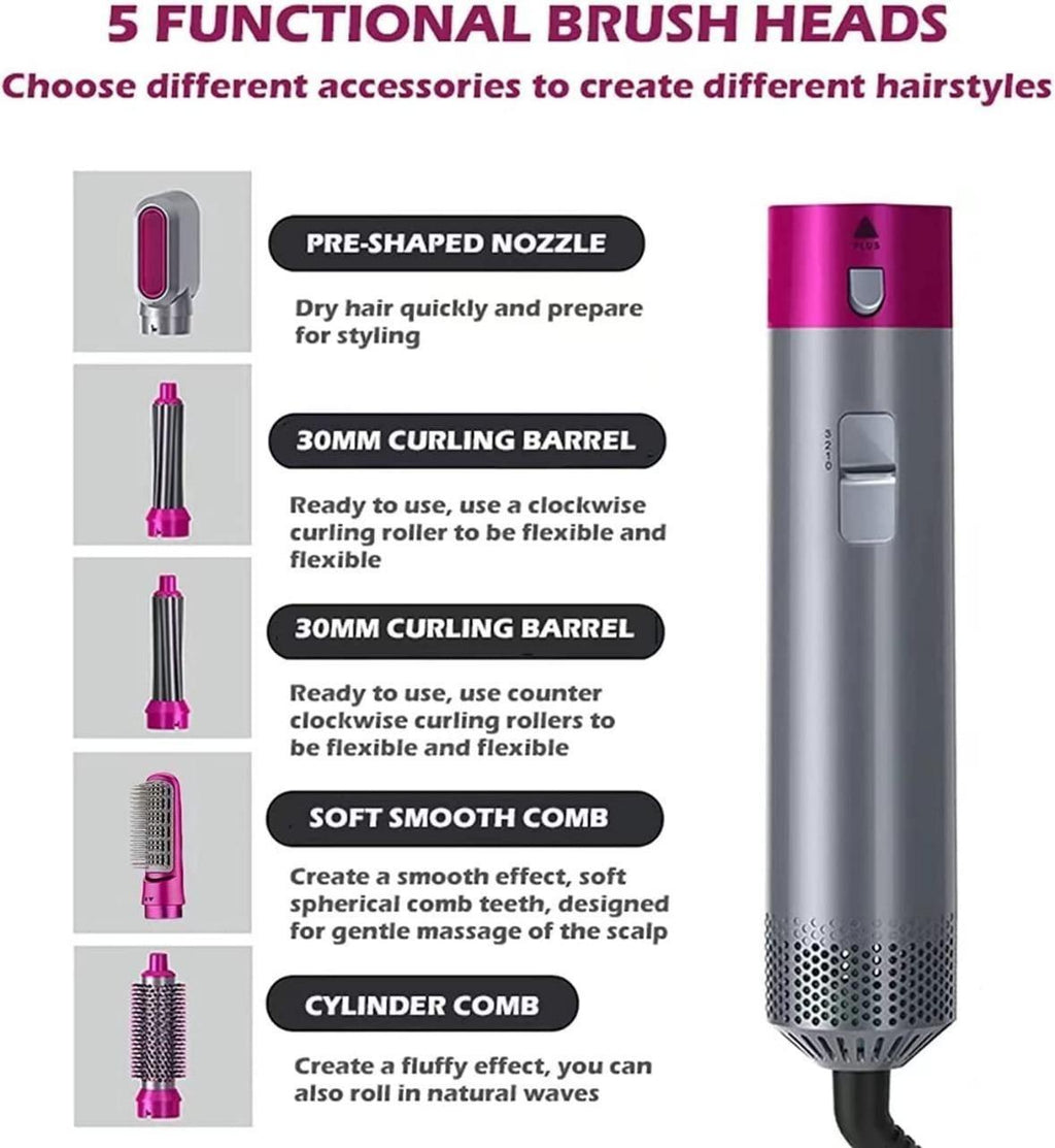 5-in-1 Multifunctional Hair Dryer Styling Tool – Negative Ion Hot Air Brush & Automatic Suction Curler for Women (Grey)