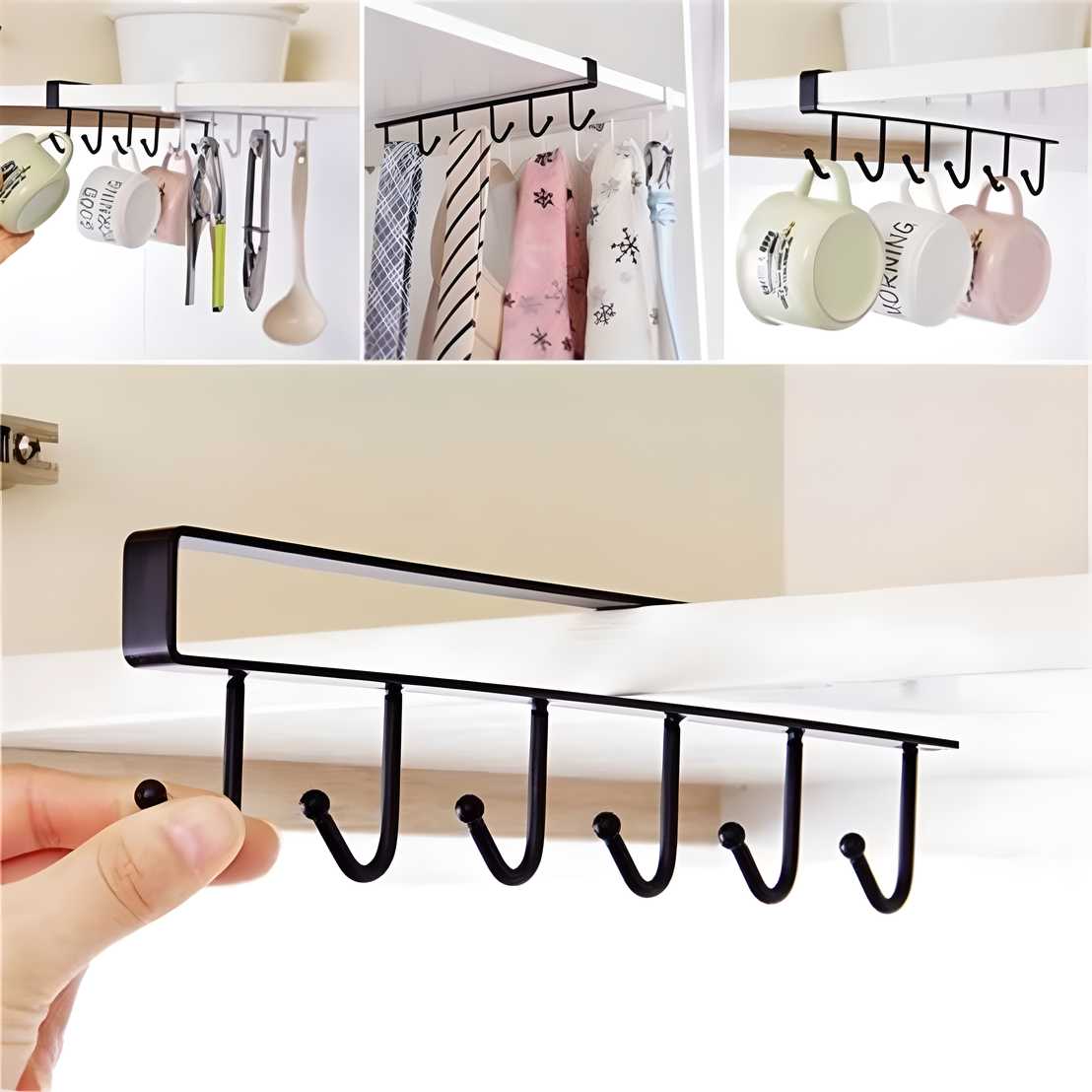 Under Cabinet Mug Cup & Wine Glass Storage Hooks – Metal Hanging Rack Holder for Kitchen & Closet (No Drilling, Black)