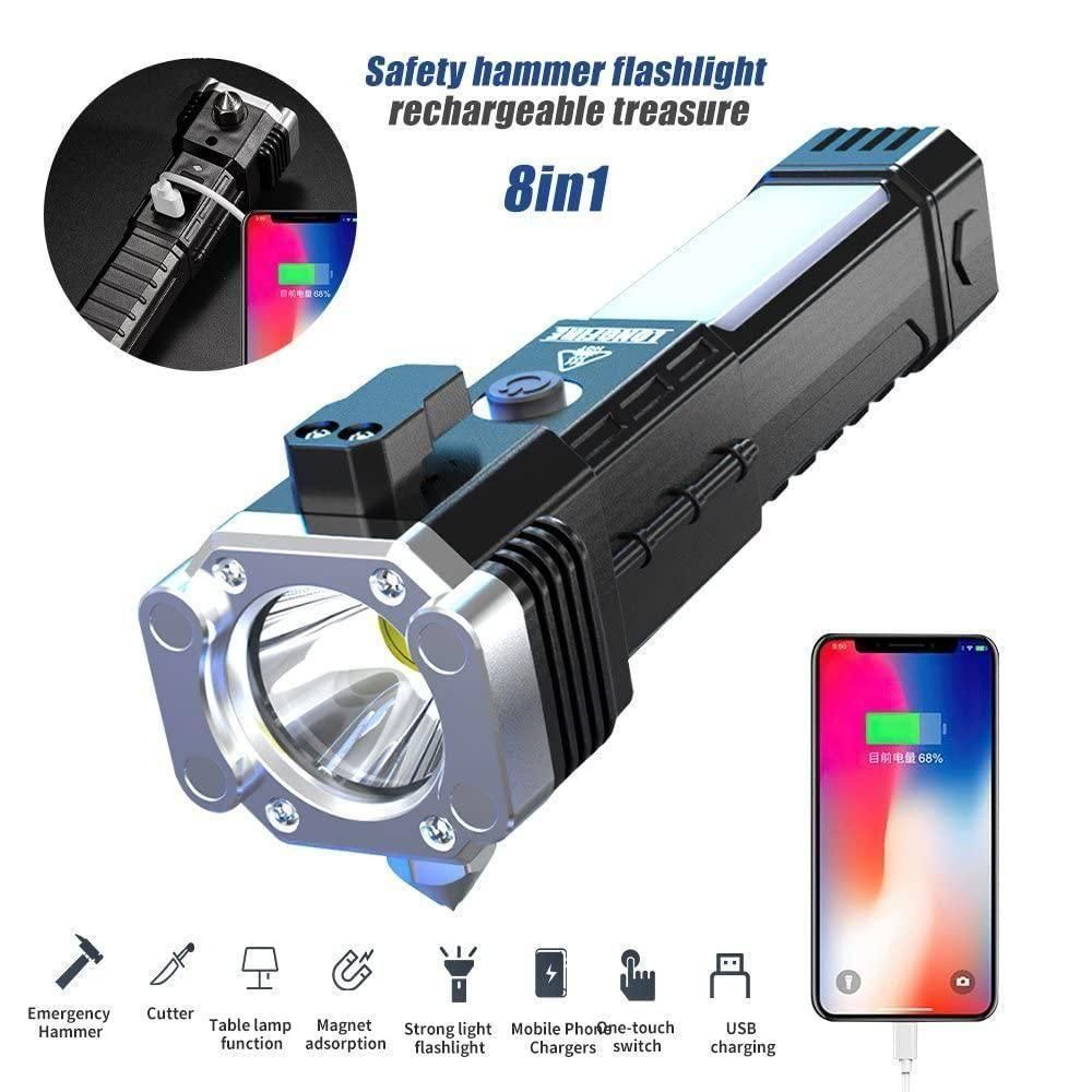 Portable Rechargeable LED Torch Flashlight with Power Bank & Emergency Safety Tools