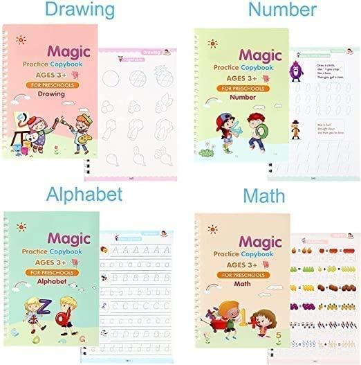 Sank Magic Practice Copybook Set – 4 Books with Magic Pen, Grip & 10 Refills for Kids Handwriting Improvement
