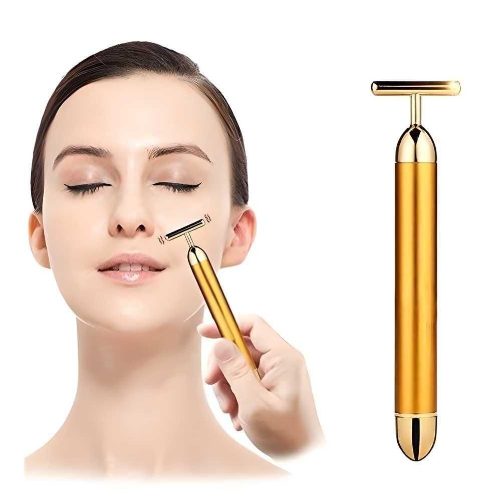 24K Gold Energy Beauty Bar Electric Facial Massage Roller – T-Shaped Waterproof Face Lifting & Skin Tightening Massager