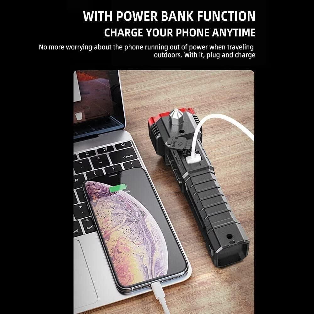 Portable Rechargeable LED Torch Flashlight with Power Bank & Emergency Safety Tools