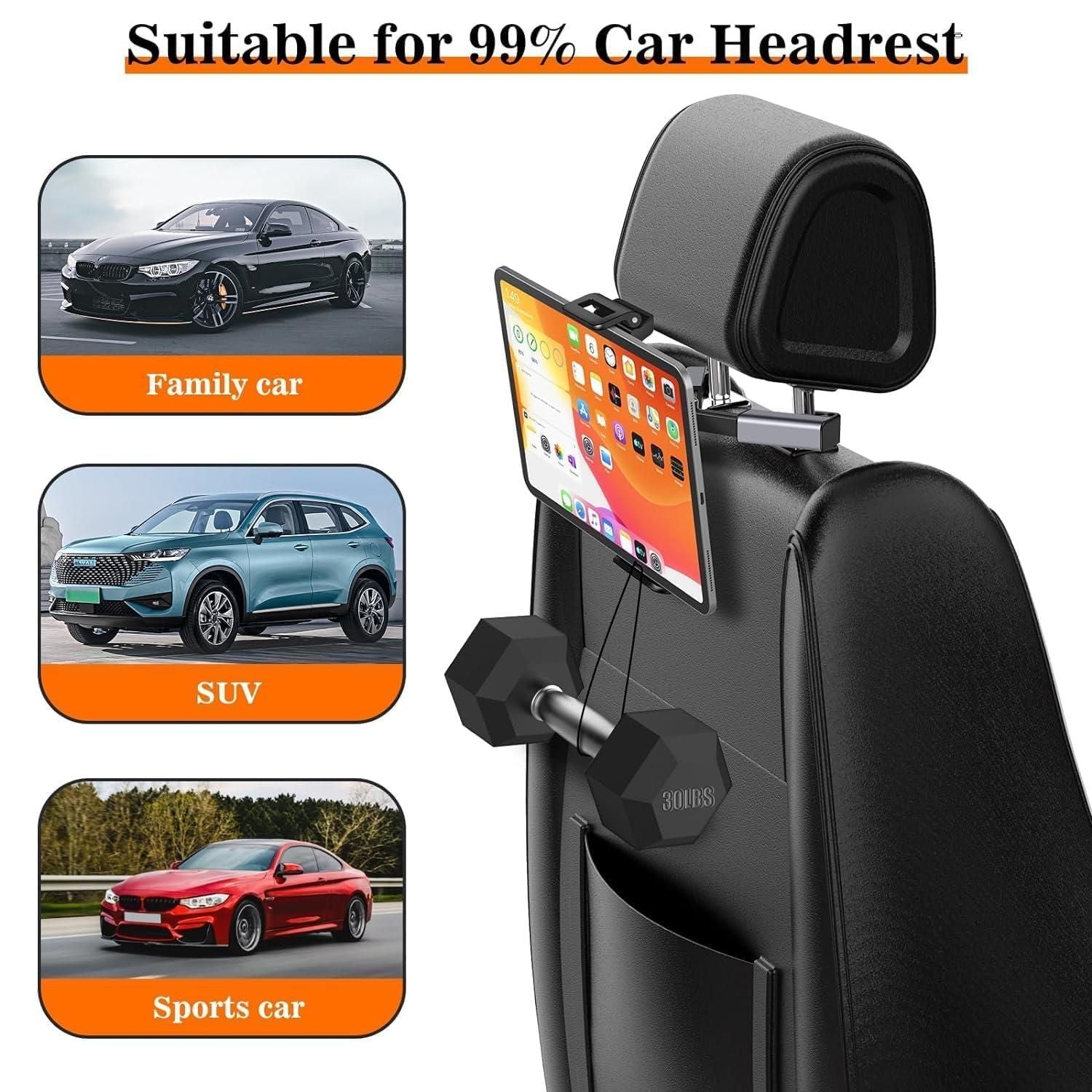 Car Headrest Phone & Tablet Holder | Adjustable Rear Seat iPad Mount