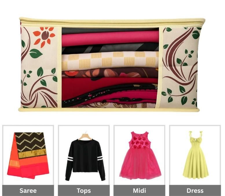 Flower Printed Saree Cover Pack of 3/6 | Non Woven PVC Zip Storage Bag