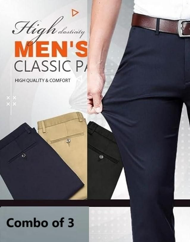 High Elasticity Men’s Classic Cotton Pants Pack of 3 | Regular Fit Casual Trousers