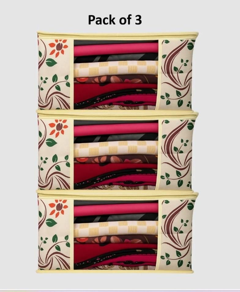 Flower Printed Saree Cover Pack of 3/6 | Non Woven PVC Zip Storage Bag