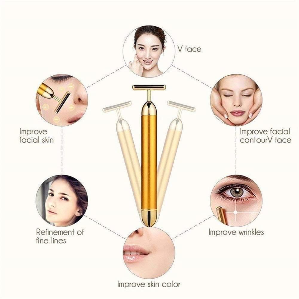 24K Gold Energy Beauty Bar Electric Facial Massage Roller – T-Shaped Waterproof Face Lifting & Skin Tightening Massager