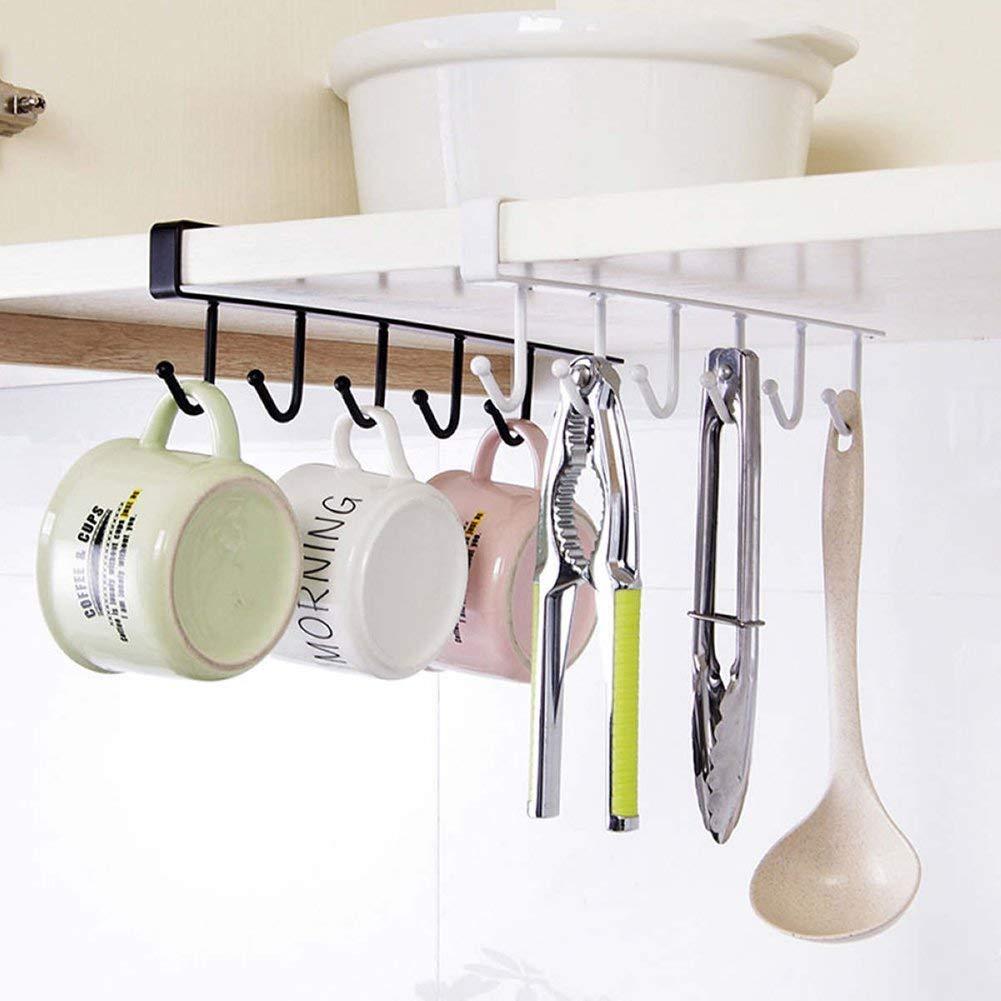 Under Cabinet Mug Cup & Wine Glass Storage Hooks – Metal Hanging Rack Holder for Kitchen & Closet (No Drilling, Black)