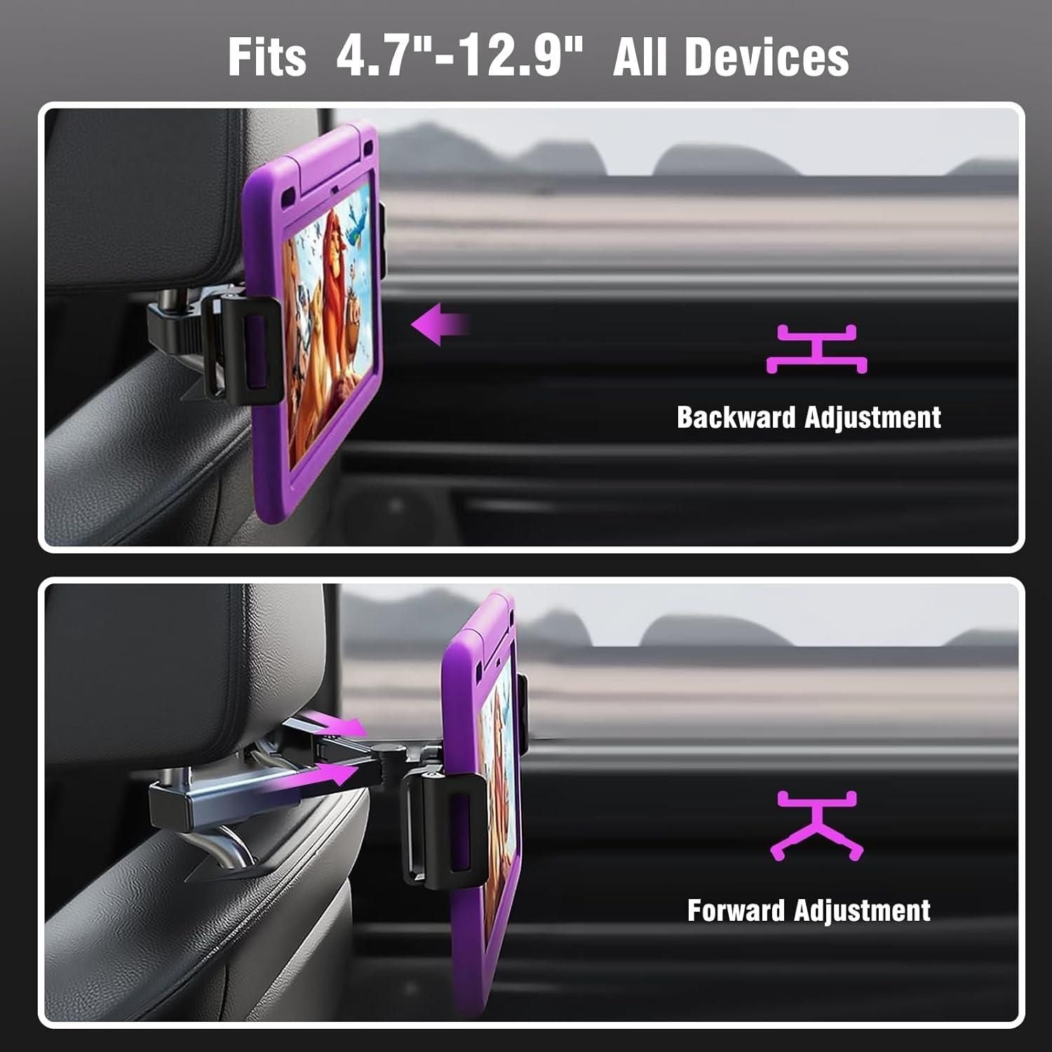 Car Headrest Phone & Tablet Holder | Adjustable Rear Seat iPad Mount