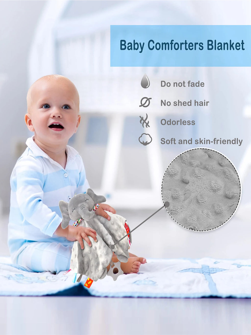 Elephant Baby Comforter Blanket Soft Plush Security Blanket with Rattle Toy for Newborns and Toddlers
