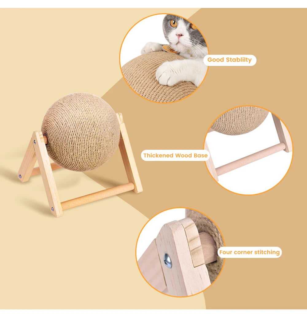 Cat Scratching Ball Toy with Sisal Rope – Wooden Kitten Scratcher for Claw Grinding, Interactive Play & Furniture Protection