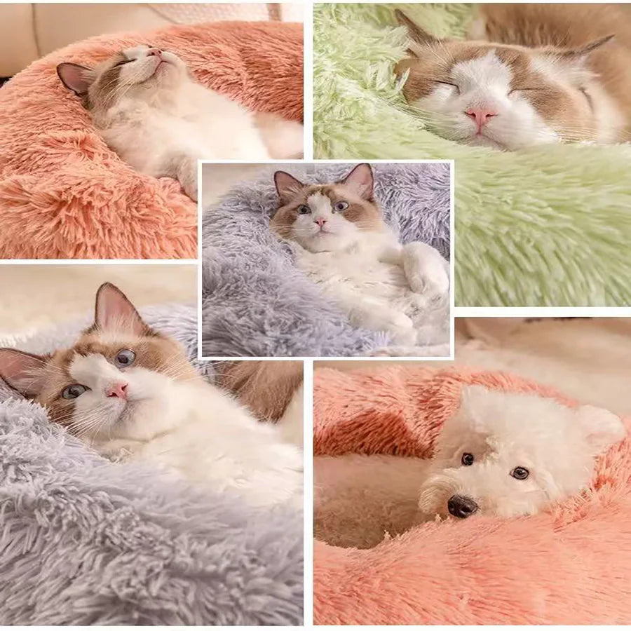 Soft Faux Fur Calming Donut Pet Bed for Cats & Dogs – Warm Washable Round Sleeping Cushion