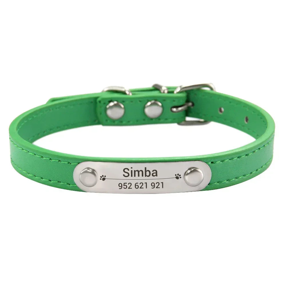 Personalized PU Leather Dog Collar with Engraved Name ID Tag – Adjustable Anti-Lost Pet Collar for Small Medium Large Dogs and Cats