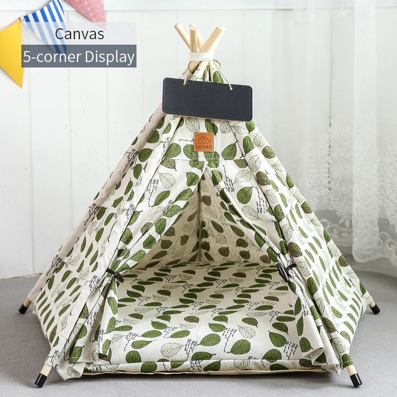 Pet Teepee Tent for Cats and Dogs – Portable Removable Washable Pet House with Cushion, Blackboard, Wooden Frame & Cozy Pet Bed