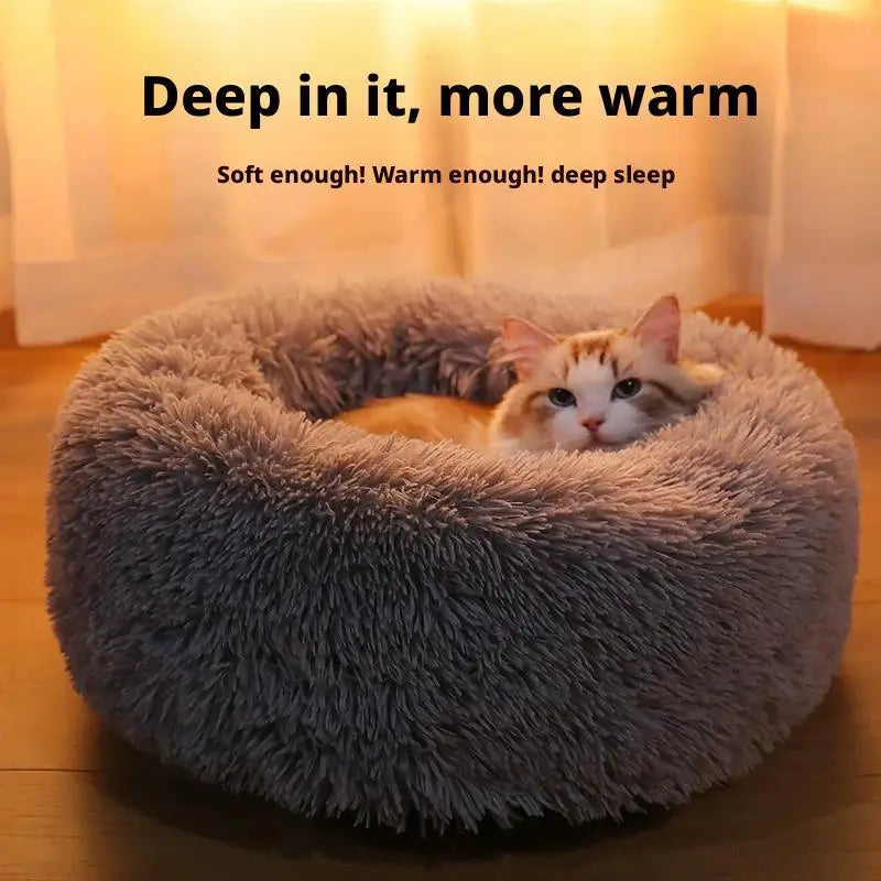 Warm Faux Fur Calming Donut Pet Bed for Cats & Small Dogs – Washable Plush Sleeping Cushion