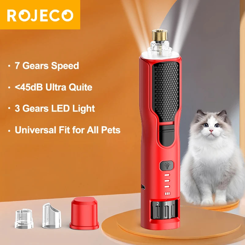 ROJECO Electric Pet Nail Grinder – Rechargeable Dog & Cat Nail Trimmer with LED Light, 7-Speed Adjustable Quiet Paw Grooming Tool