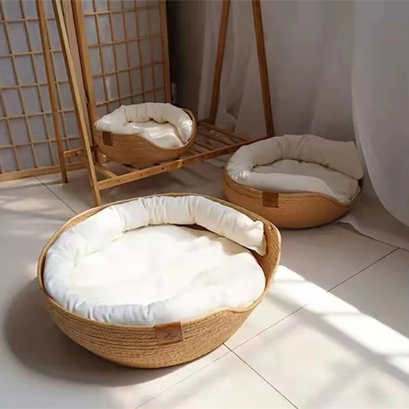 Handwoven Bamboo Pet Bed with Removable Cushion – Cozy Cat & Dog Sofa Basket for All Seasons