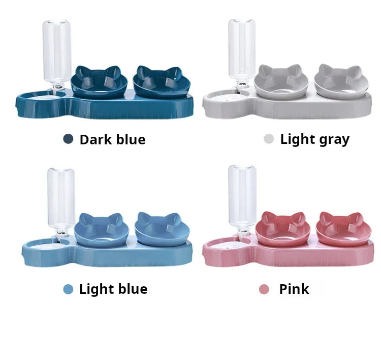 3-in-1 Tilted Cat Bowl Set with Gravity Water Feeder – Neck Protection Pet Feeding Station