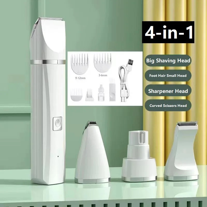 Professional 4-in-1 Electric Pet Grooming Tool Set – USB Rechargeable Dog Hair Clipper, Nail Grinder & Pet Trimmer