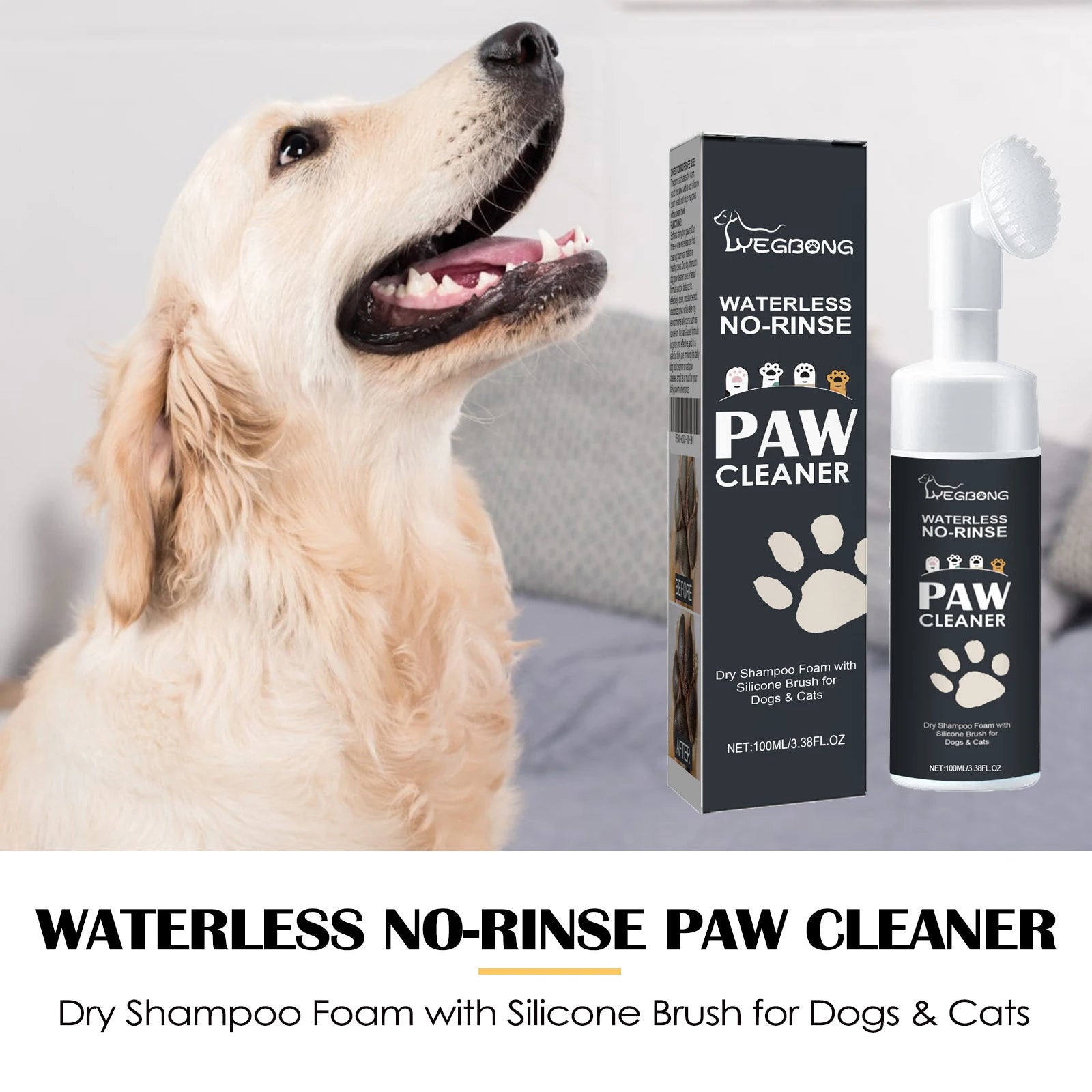Pet Paw Foam Cleaner 100ml – No-Rinse Dry Shampoo for Dogs & Cats with Brush, Deep Cleaning Paw Dirt & Mud Remover