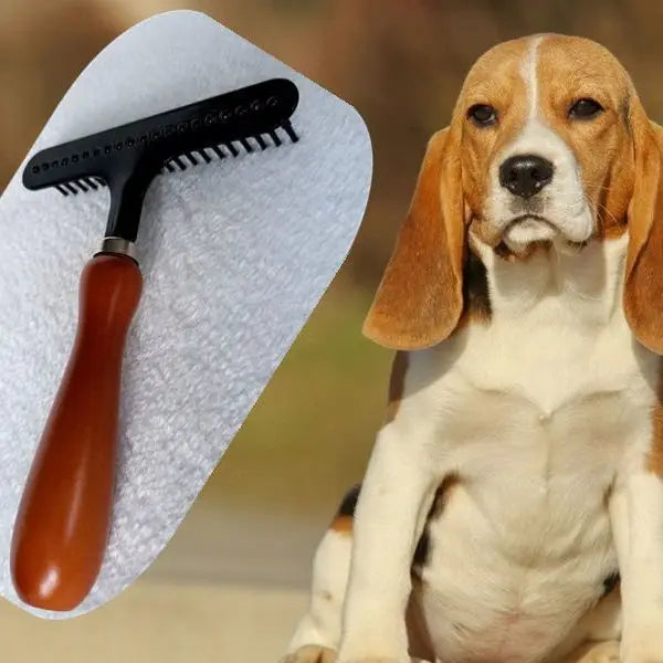 Pet Undercoat Rake Deshedding Tool | Wooden Handle Dog & Cat Grooming Brush