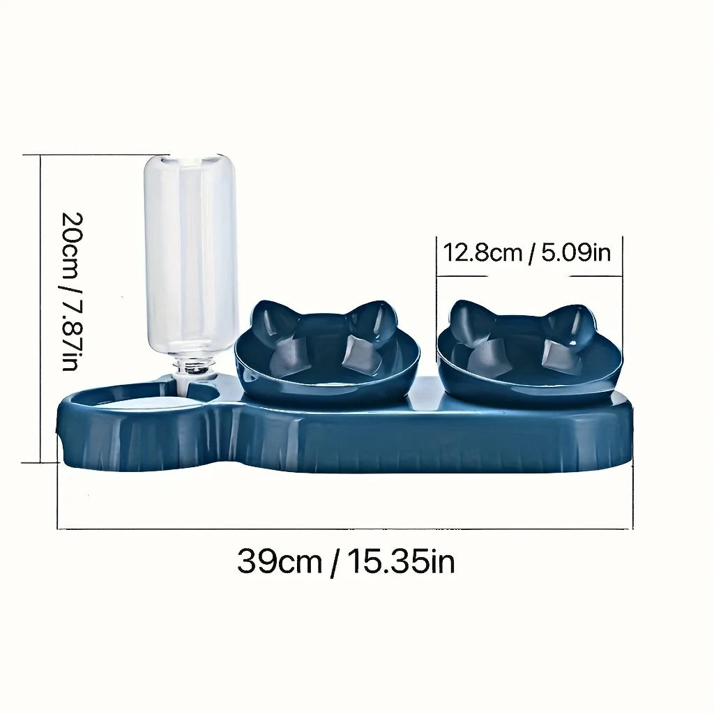 3-in-1 Tilted Cat Bowl Set with Gravity Water Feeder – Neck Protection Pet Feeding Station