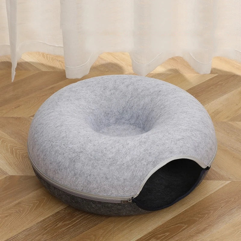 Donut Cat Tunnel Bed & Interactive Play House – Foldable Felt Cat Tunnel Toy, Cozy Indoor Cat Bed for Kittens & Cats