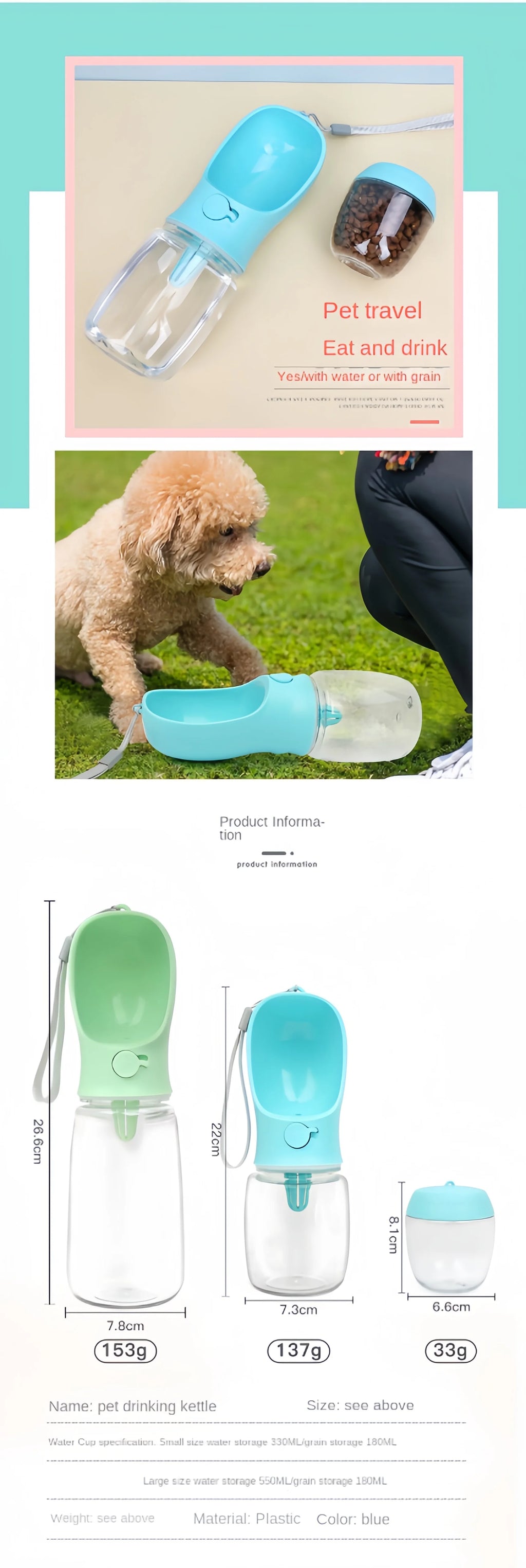 Portable Dog Water Bottle with Food Storage – Travel Feeder Bowl for Dogs & Cats