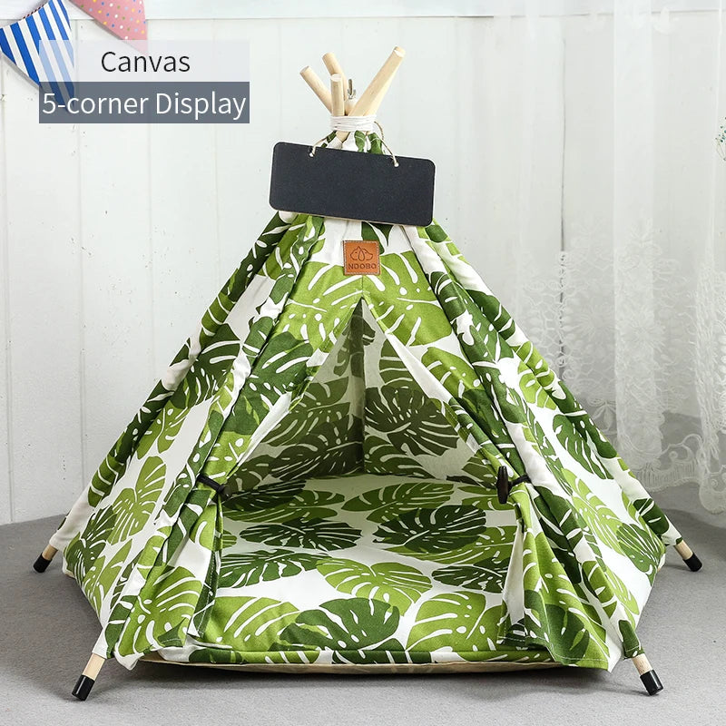 Pet Teepee Tent for Cats and Dogs – Portable Removable Washable Pet House with Cushion, Blackboard, Wooden Frame & Cozy Pet Bed
