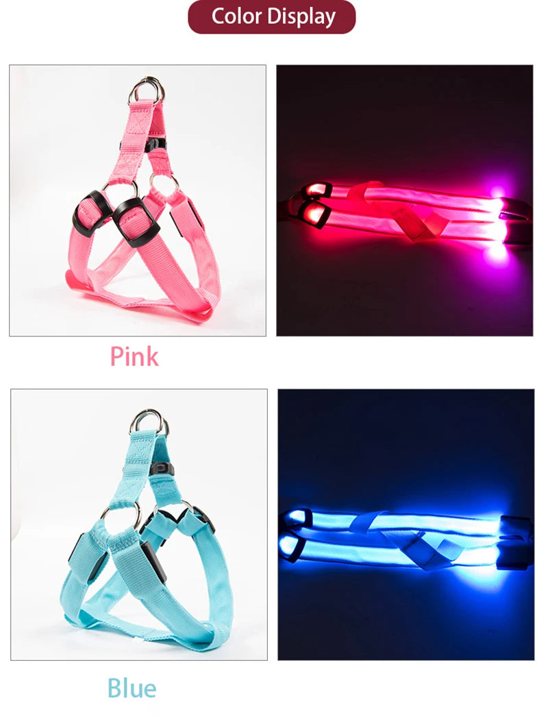Adjustable LED Dog Harness Usb Rechargeable Flashing Night Safety No Pull Collars Harness For Small Medium Dogs Pets Arnes Perro