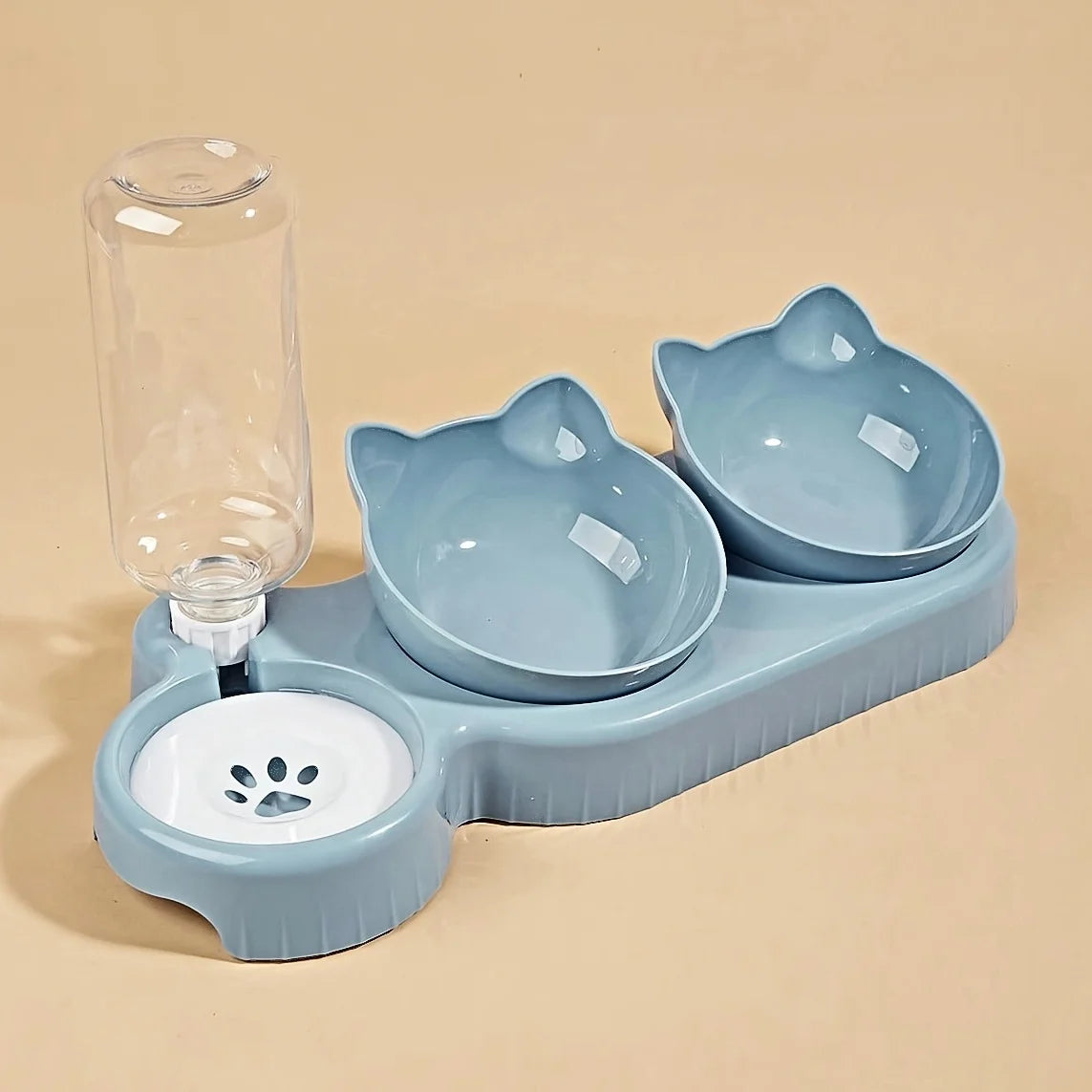 3-in-1 Tilted Cat Bowl Set with Gravity Water Feeder – Neck Protection Pet Feeding Station