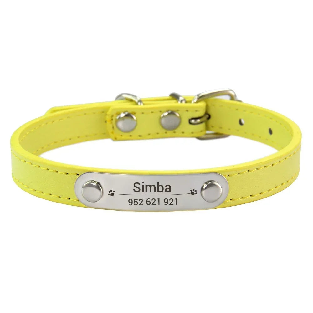 Personalized PU Leather Dog Collar with Engraved Name ID Tag – Adjustable Anti-Lost Pet Collar for Small Medium Large Dogs and Cats