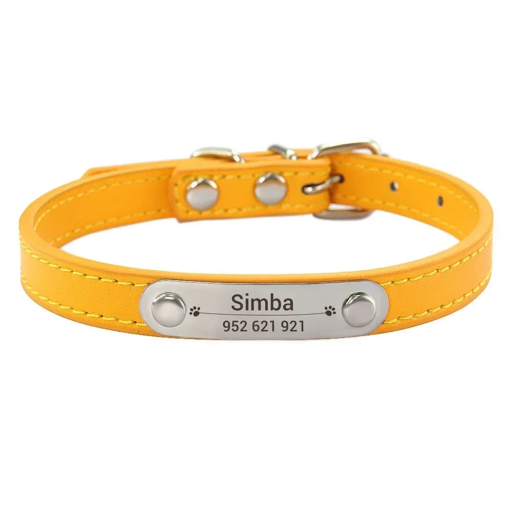 Personalized PU Leather Dog Collar with Engraved Name ID Tag – Adjustable Anti-Lost Pet Collar for Small Medium Large Dogs and Cats