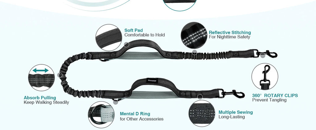 Hands Free Dog Leash with Pouch, Double Leash for Two Dogs, Retractable Bungee with Double Padded Handles, Dog harness