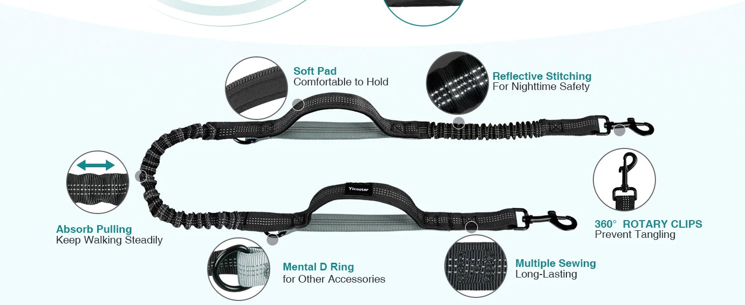 Hands Free Dog Leash with Pouch, Double Leash for Two Dogs, Retractable Bungee with Double Padded Handles, Dog harness