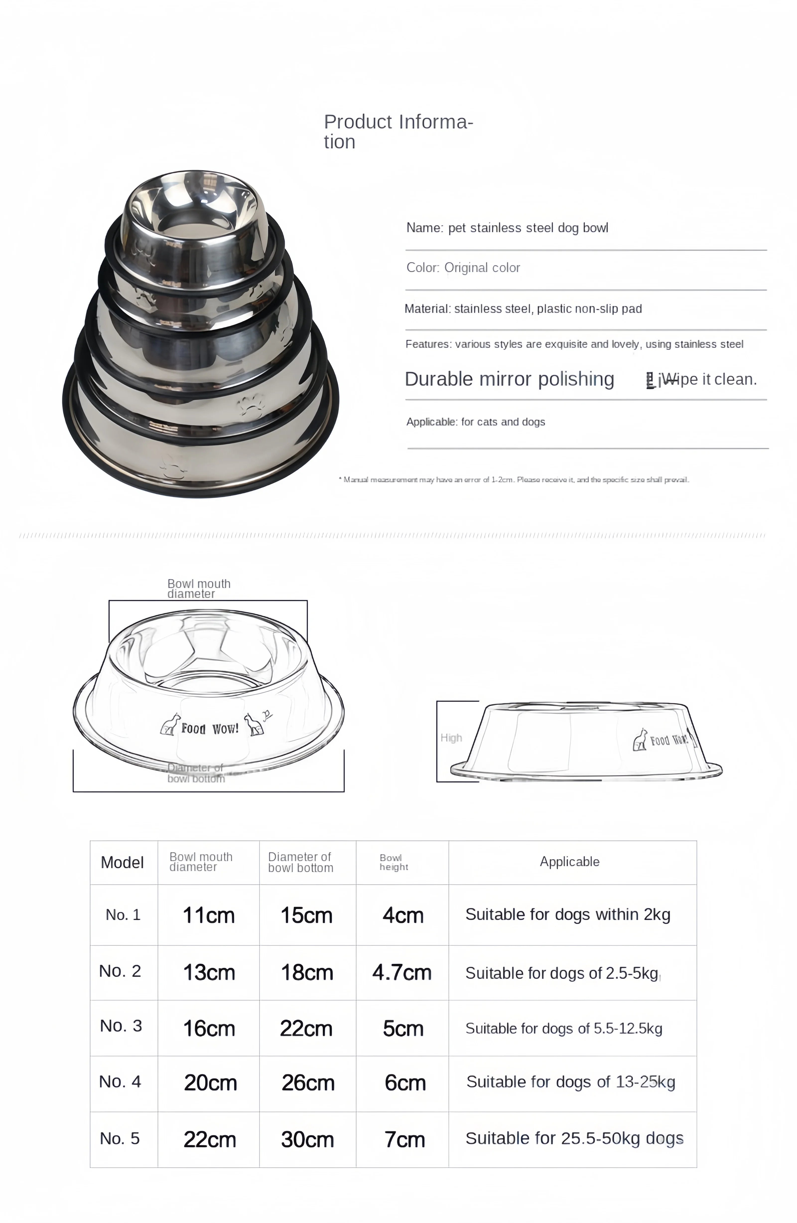 Stainless Steel Pet Bowl – Durable & Easy to Clean (6 Sizes)