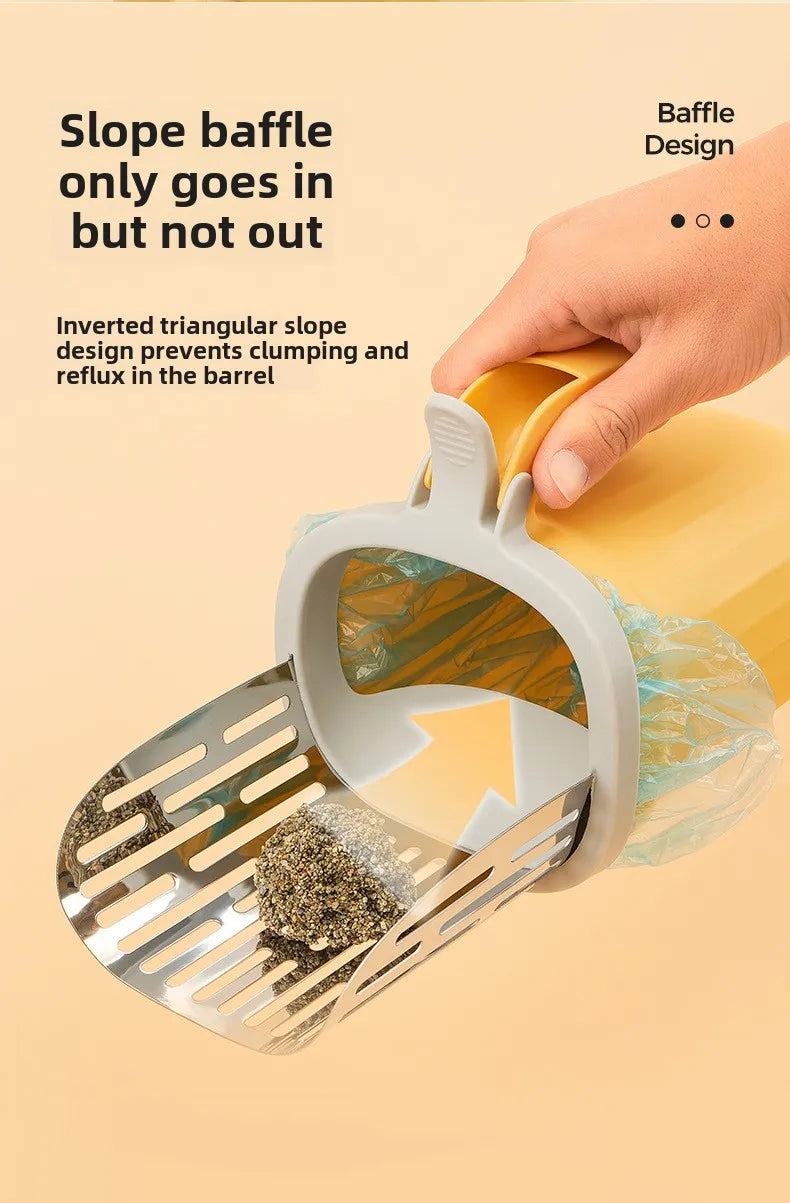 Cat Litter Scoop with Built-In Waste Bin and Refill Bag Holder – Stainless Steel Self-Cleaning Cat Litter Shovel