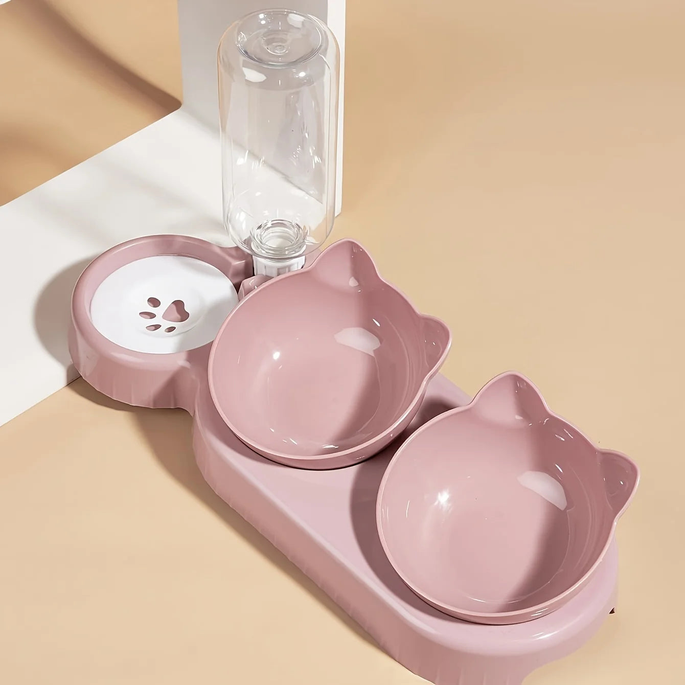 3-in-1 Tilted Cat Bowl Set with Gravity Water Feeder – Neck Protection Pet Feeding Station