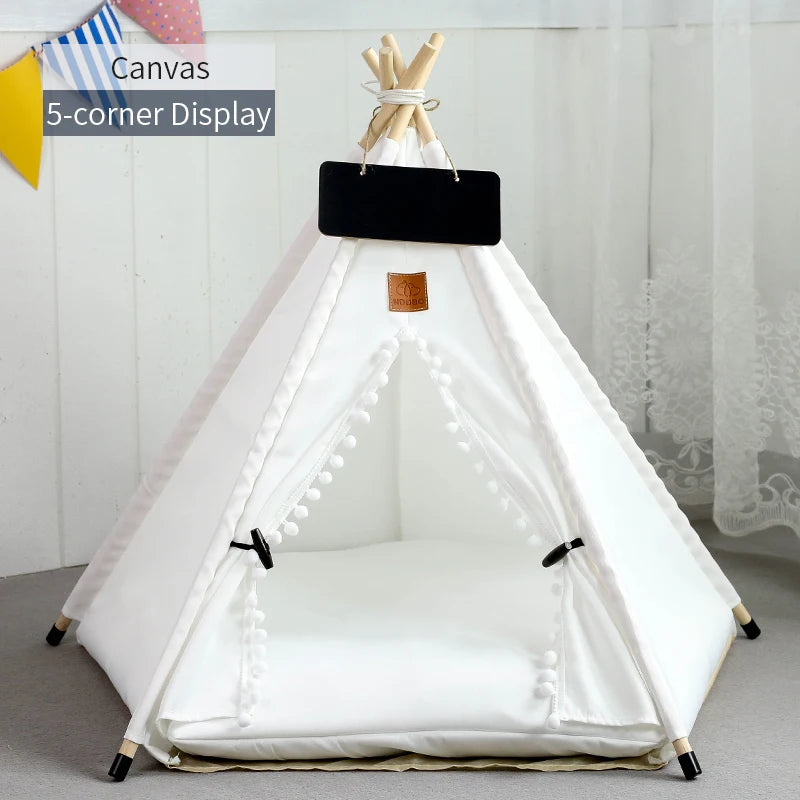Pet Teepee Tent for Cats and Dogs – Portable Removable Washable Pet House with Cushion, Blackboard, Wooden Frame & Cozy Pet Bed