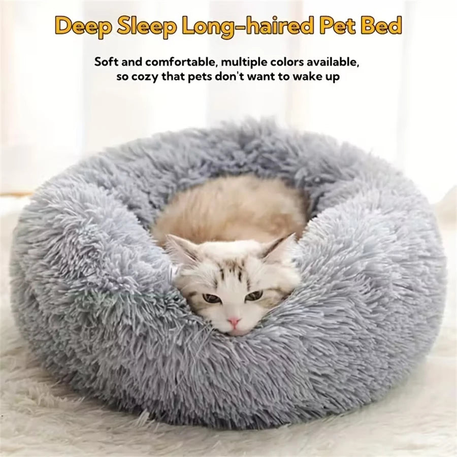 Soft Faux Fur Calming Donut Pet Bed for Cats & Dogs – Warm Washable Round Sleeping Cushion