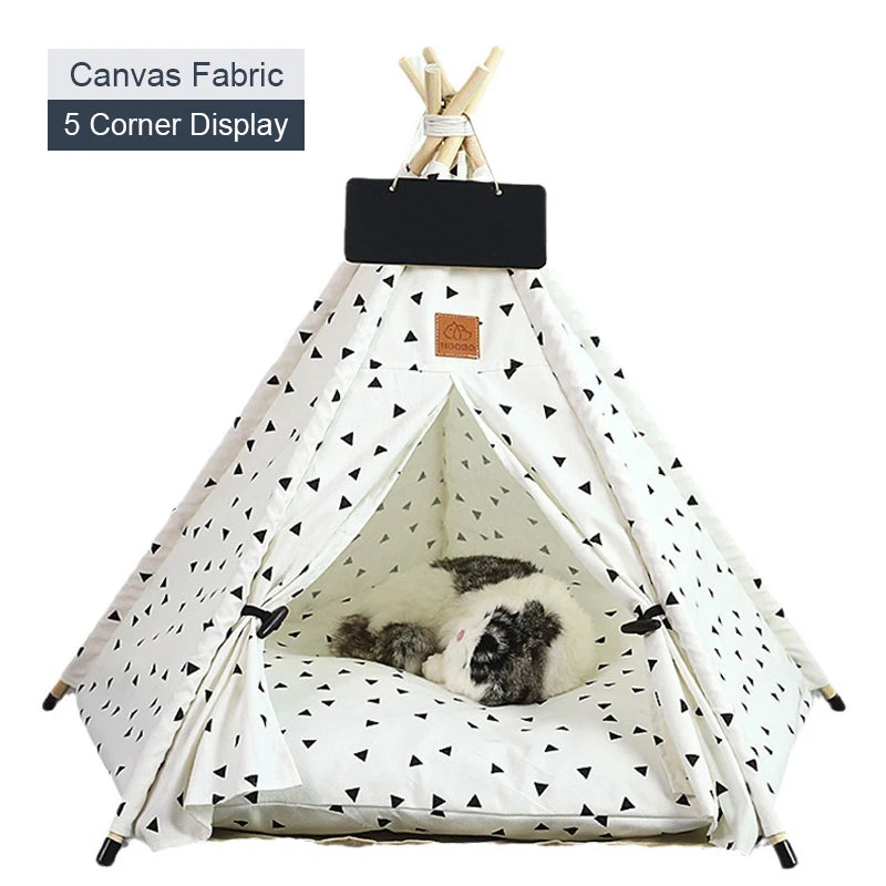 Pet Teepee Tent for Cats and Dogs – Portable Removable Washable Pet House with Cushion, Blackboard, Wooden Frame & Cozy Pet Bed