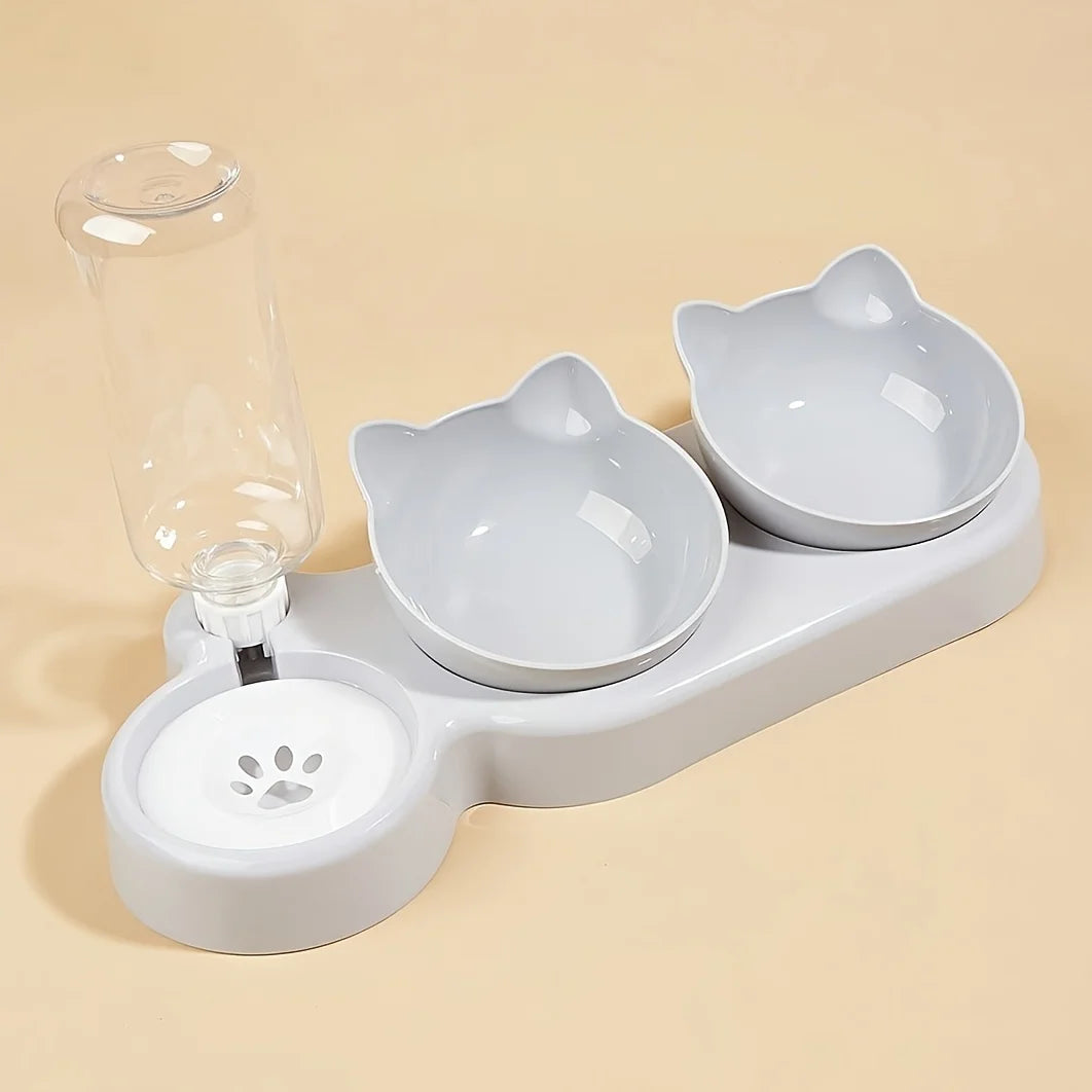 3-in-1 Tilted Cat Bowl Set with Gravity Water Feeder – Neck Protection Pet Feeding Station