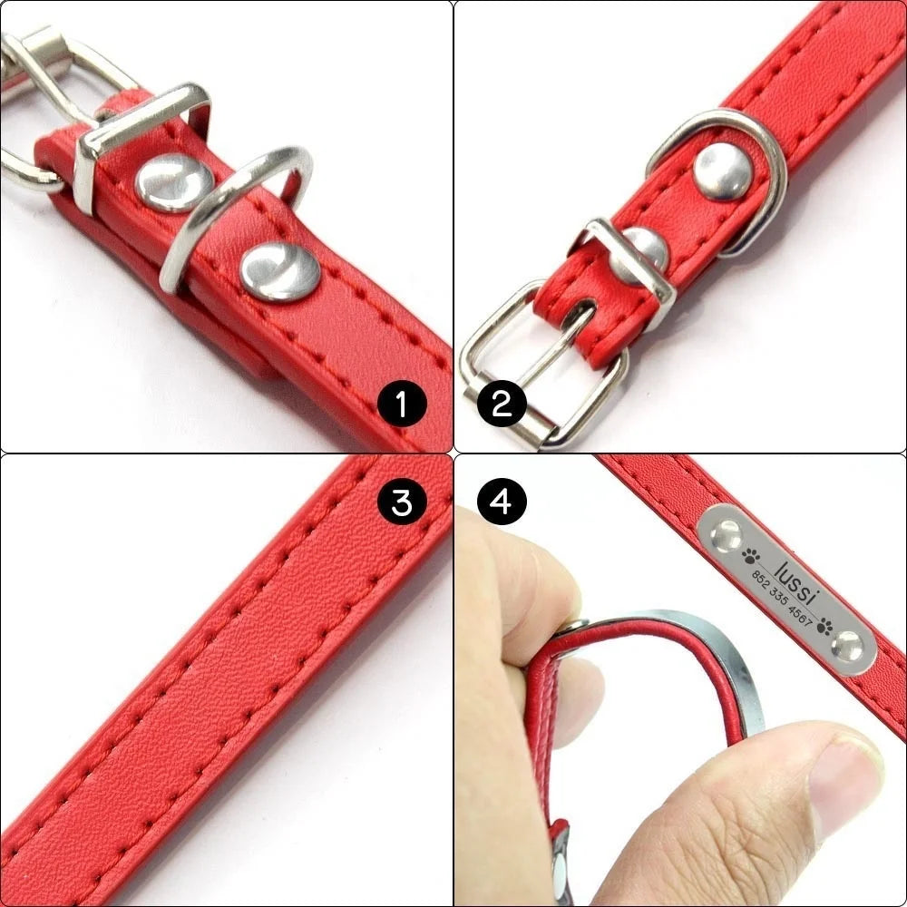 Personalized PU Leather Dog Collar with Engraved Name ID Tag – Adjustable Anti-Lost Pet Collar for Small Medium Large Dogs and Cats