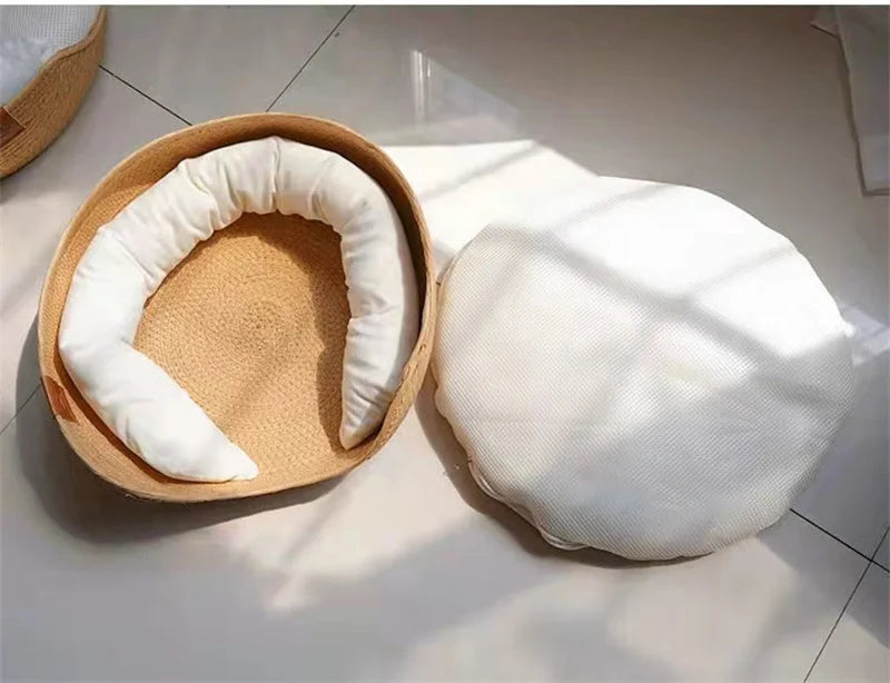 Handwoven Bamboo Pet Bed with Removable Cushion – Cozy Cat & Dog Sofa Basket for All Seasons