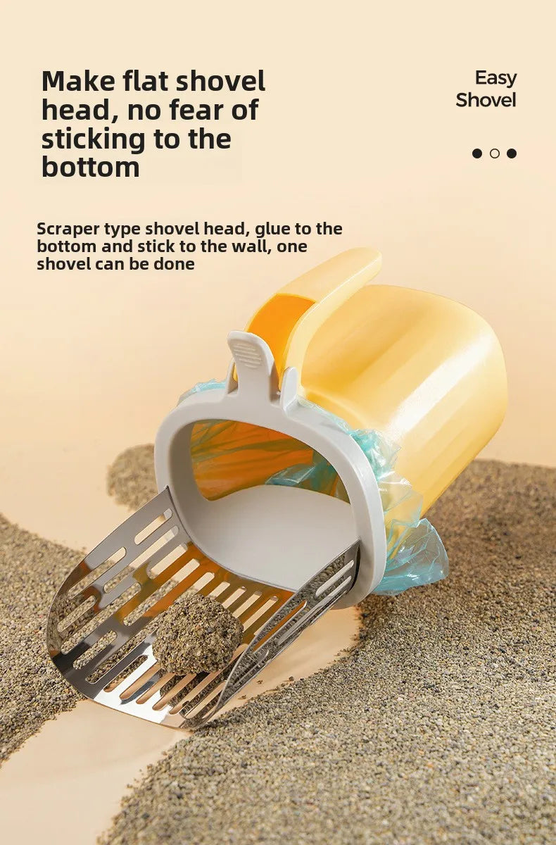 Cat Litter Scoop with Built-In Waste Bin and Refill Bag Holder – Stainless Steel Self-Cleaning Cat Litter Shovel