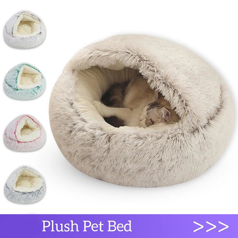 Warm Plush Cat Cave Bed with Cover – Cozy Round Pet Nest for Small Dogs & Kittens