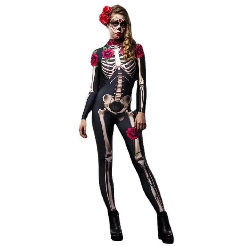 Rose Skeleton Costume Jumpsuit for Women & Girls – Halloween Cosplay Outfit