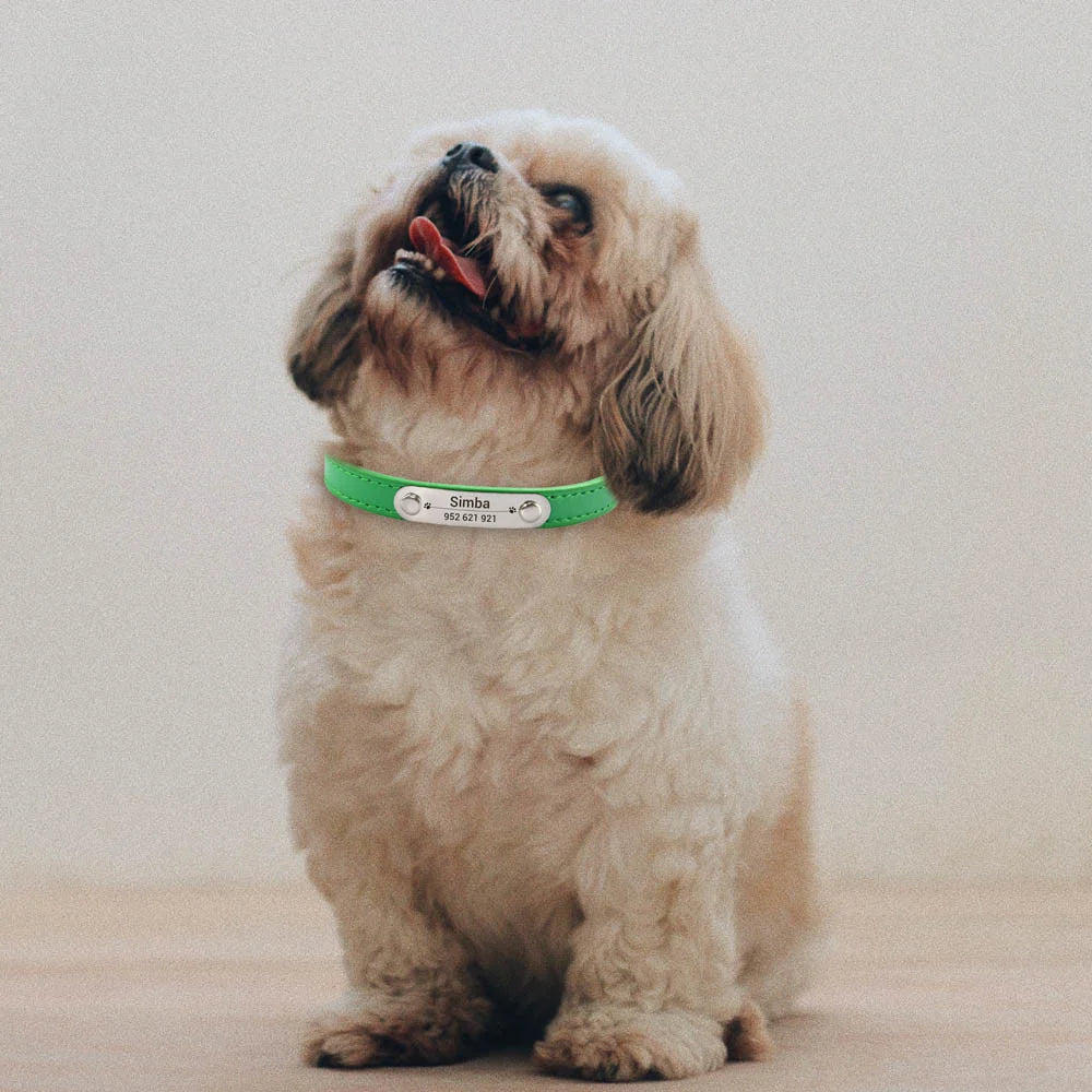 Personalized PU Leather Dog Collar with Engraved Name ID Tag – Adjustable Anti-Lost Pet Collar for Small Medium Large Dogs and Cats