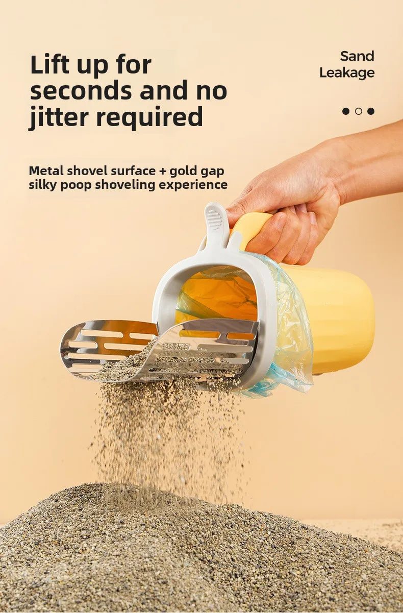 Cat Litter Scoop with Built-In Waste Bin and Refill Bag Holder – Stainless Steel Self-Cleaning Cat Litter Shovel