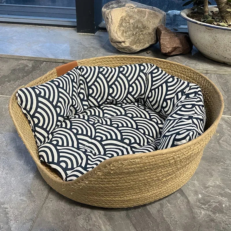 Handwoven Bamboo Pet Bed with Removable Cushion – Cozy Cat & Dog Sofa Basket for All Seasons